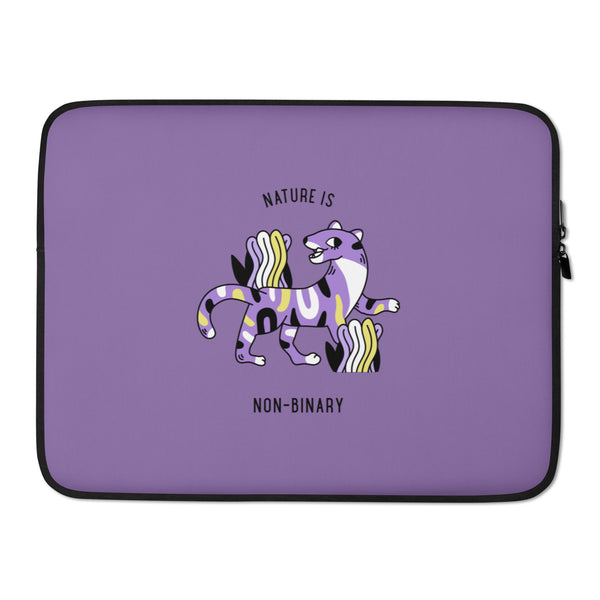 Purple laptop sleeve with a cartoon purple unicorn and the words “NATURE IS” and “NON-BINARY”