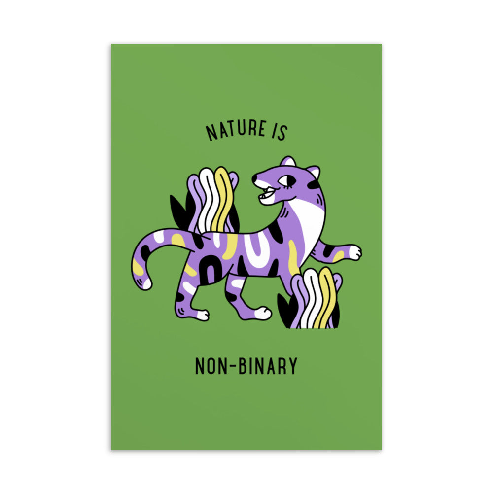 non binary kleidung: Nature Is Non-Binary postcard featuring a jaguar with non-binary flag stripes on green