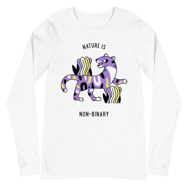 White long-sleeve shirt with a colorful non-binary unicorn design and “NATURE IS NON-BINARY” text