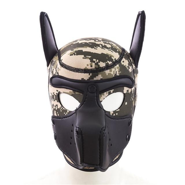 Front view of a digital camouflage neoprene puppy hood with black muzzle and pointed ears
