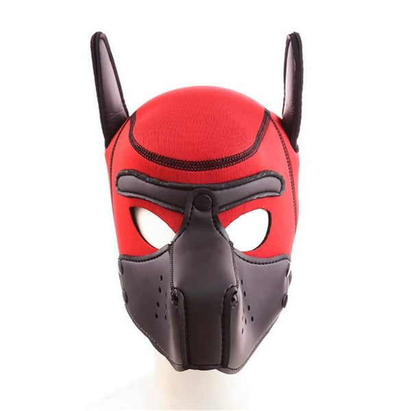 Red and black neoprene puppy hood mask with pointed ears and dog muzzle