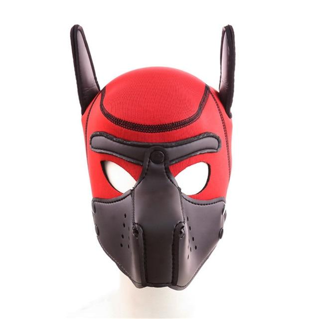 Red and black neoprene puppy hood mask with pointed ears and dog muzzle