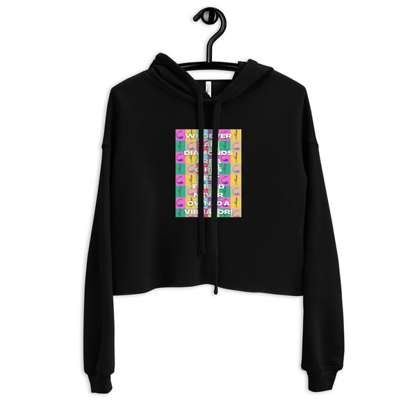 Front view of a black cropped hoodie on a hanger with colorful vibrator-pattern text graphic