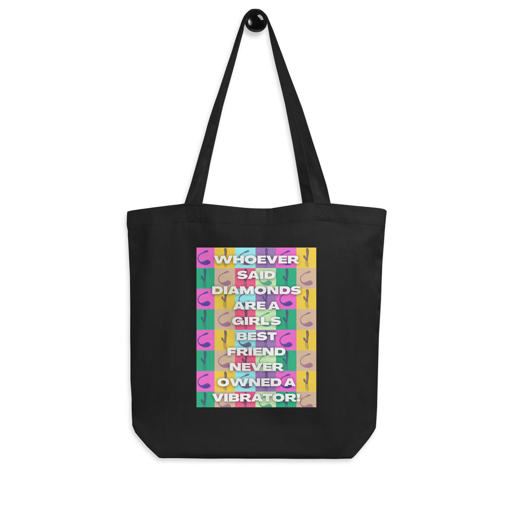 Black tote bag with colorful checkerboard graphic reading “Whoever said diamonds are a girl’s best friend never owned a vi...