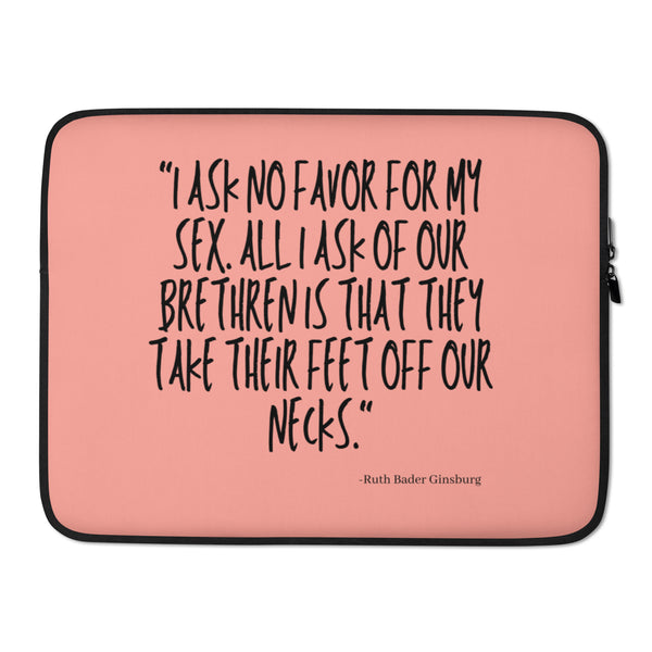 Pink laptop sleeve with black trim and a Ruth Bader Ginsburg quote about sex and broken glass ceilings