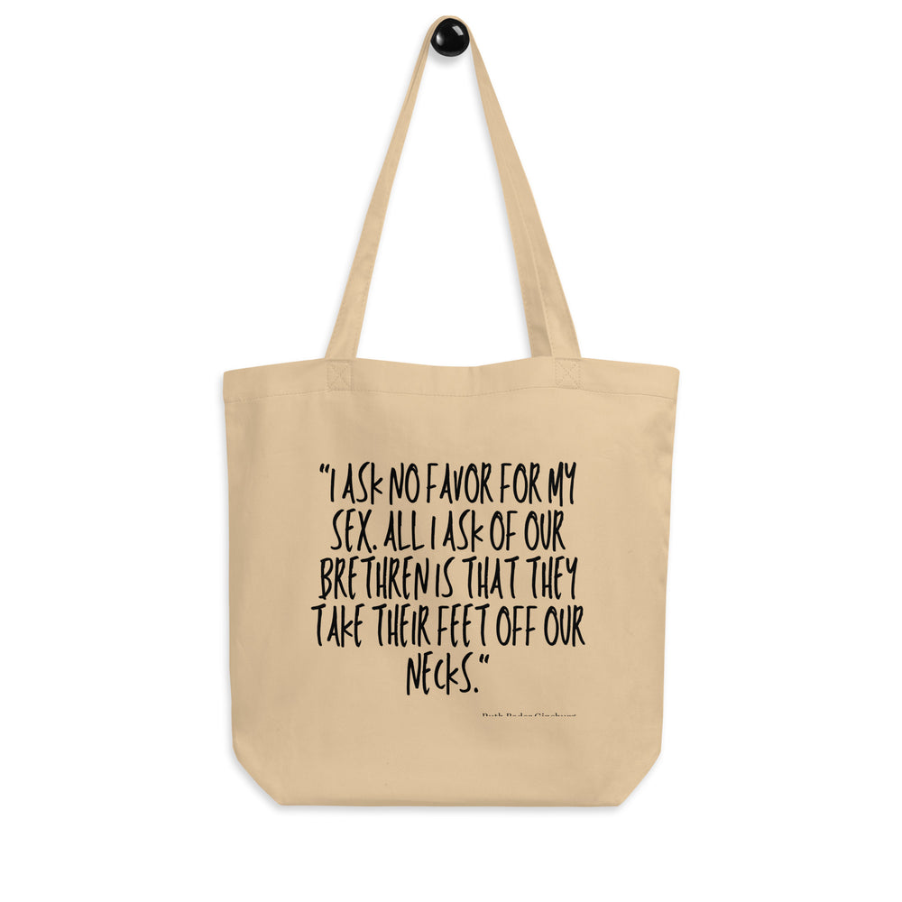 Front view of a beige tote bag with black text about asking no favor for sex