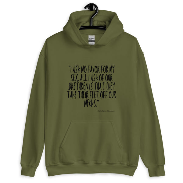 Front view of an olive-green hoodie with black text quoting Ruth Bader Ginsburg