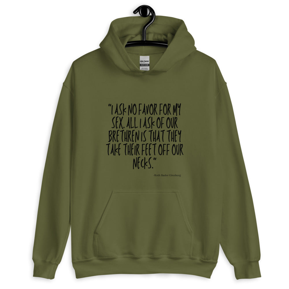 Front view of an olive-green hoodie with black text quoting Ruth Bader Ginsburg