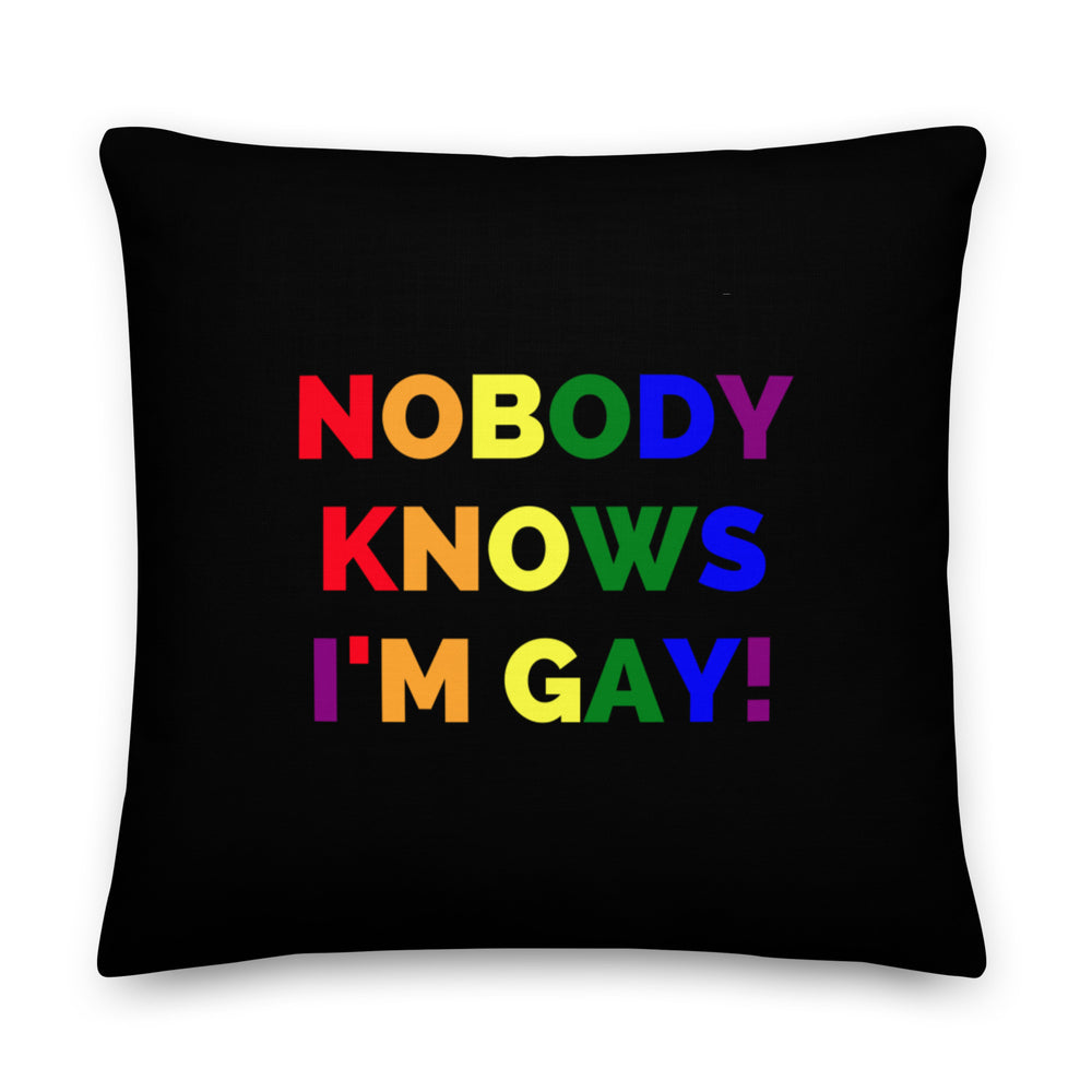 Black rectangular pillow with rainbow lettering reading “NOBODY KNOWS I'M GAY!”