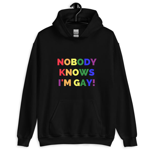 Front view of a black hoodie reading “NOBODY KNOWS I’M GAY!” in rainbow letters