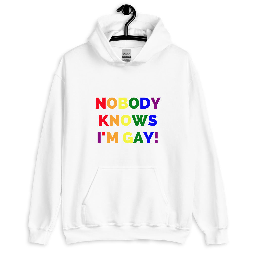Front view of a white hoodie reading “NOBODY KNOWS I'M GAY!” in rainbow letters