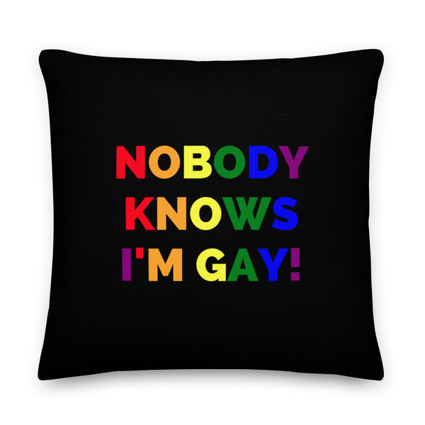 Black rectangular pillow with rainbow lettering reading “NOBODY KNOWS I'M GAY!”