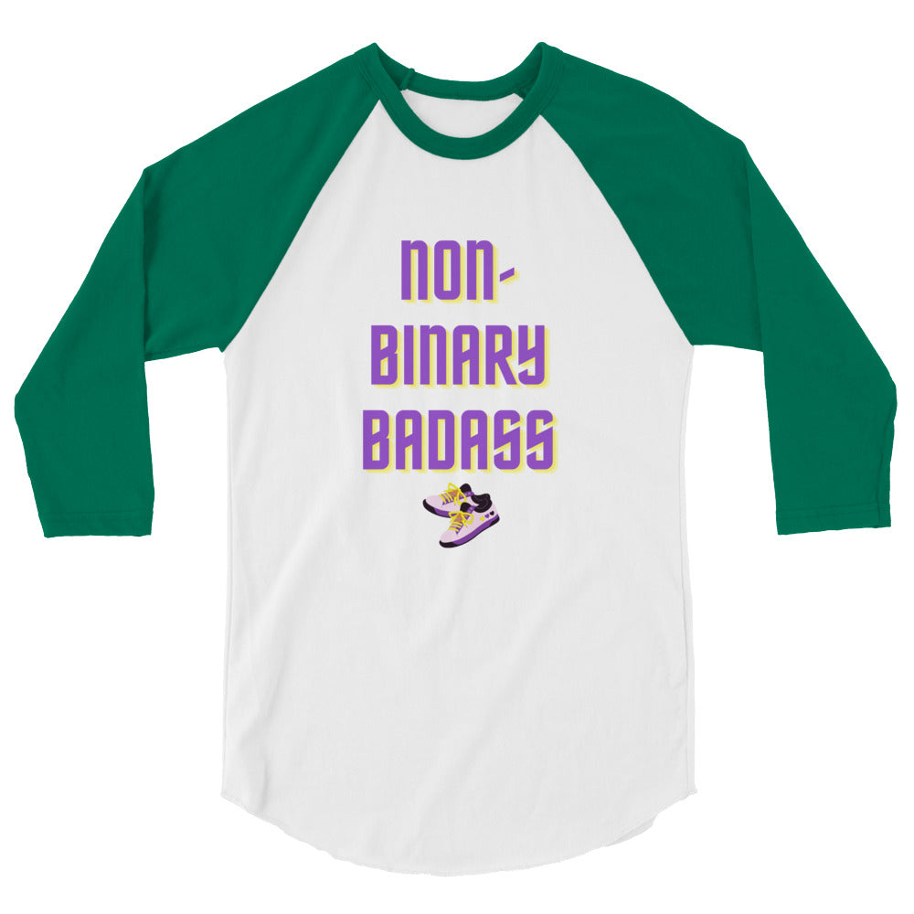 non binary gangbang: Non-Binary Badass 3/4 sleeve raglan shirt worn by a smiling parade-goer