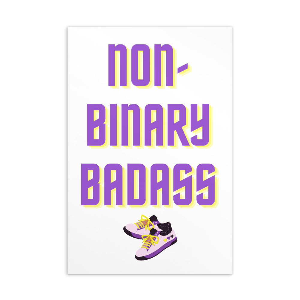 Non-binary “BADASS” postcard with purple and yellow text and platform sneaker illustration