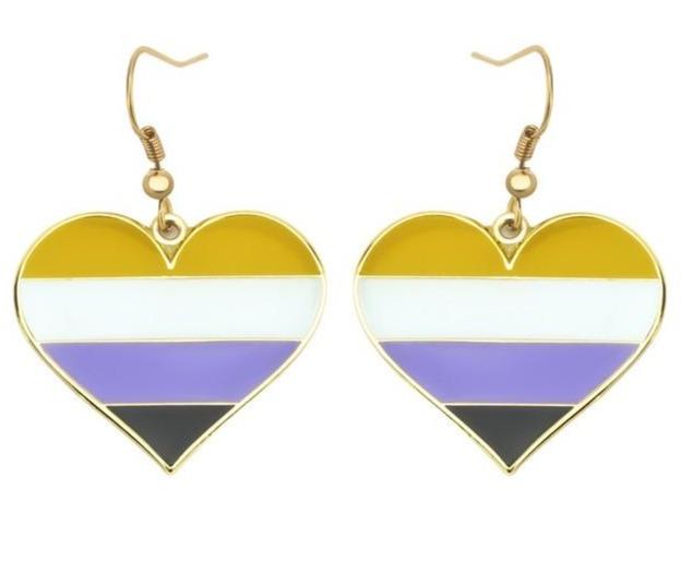 Non-binary pride heart earrings with yellow, white, purple, and black stripes