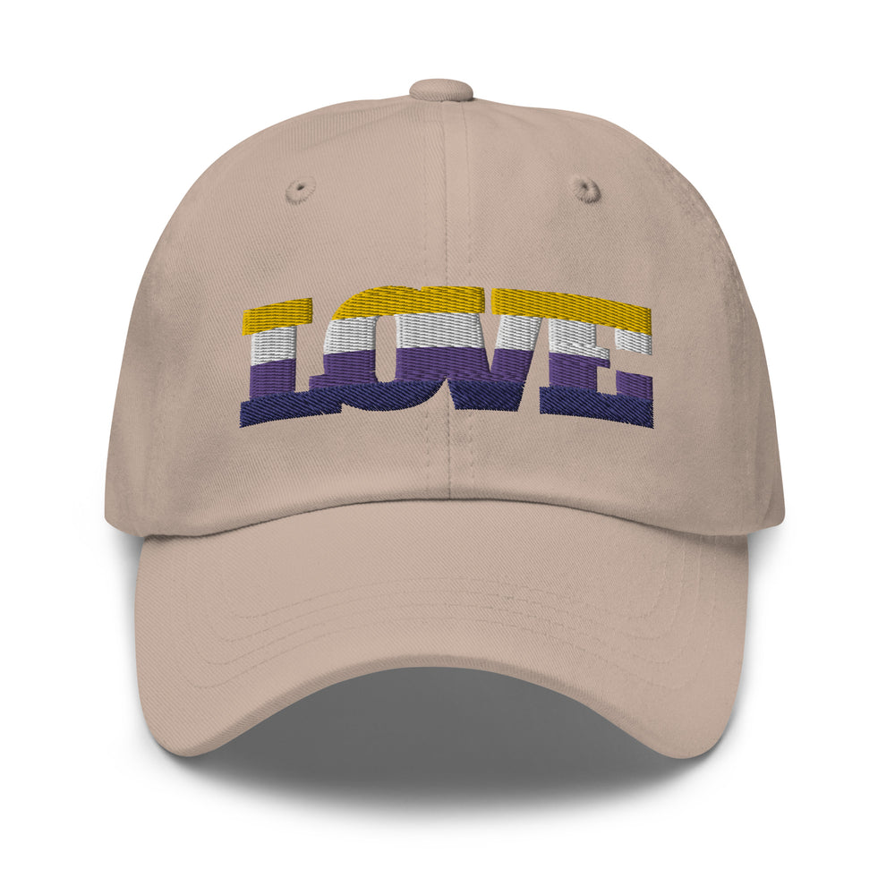 Front-facing stone baseball cap embroidered with a multicolor non-binary symbol