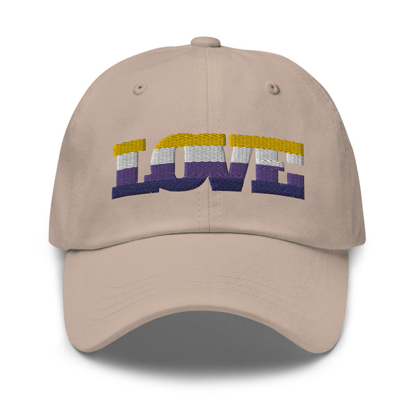 Front-facing stone baseball cap embroidered with a multicolor non-binary symbol