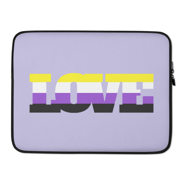 Front view of a lavender laptop sleeve with a nonbinary flag-colored LOVE graphic