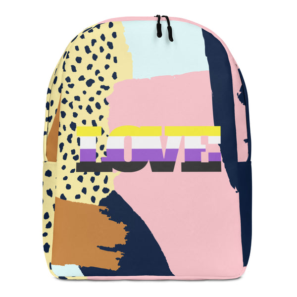 Front view of a colorful backpack with a leopard-print panel and the word “LOVE”