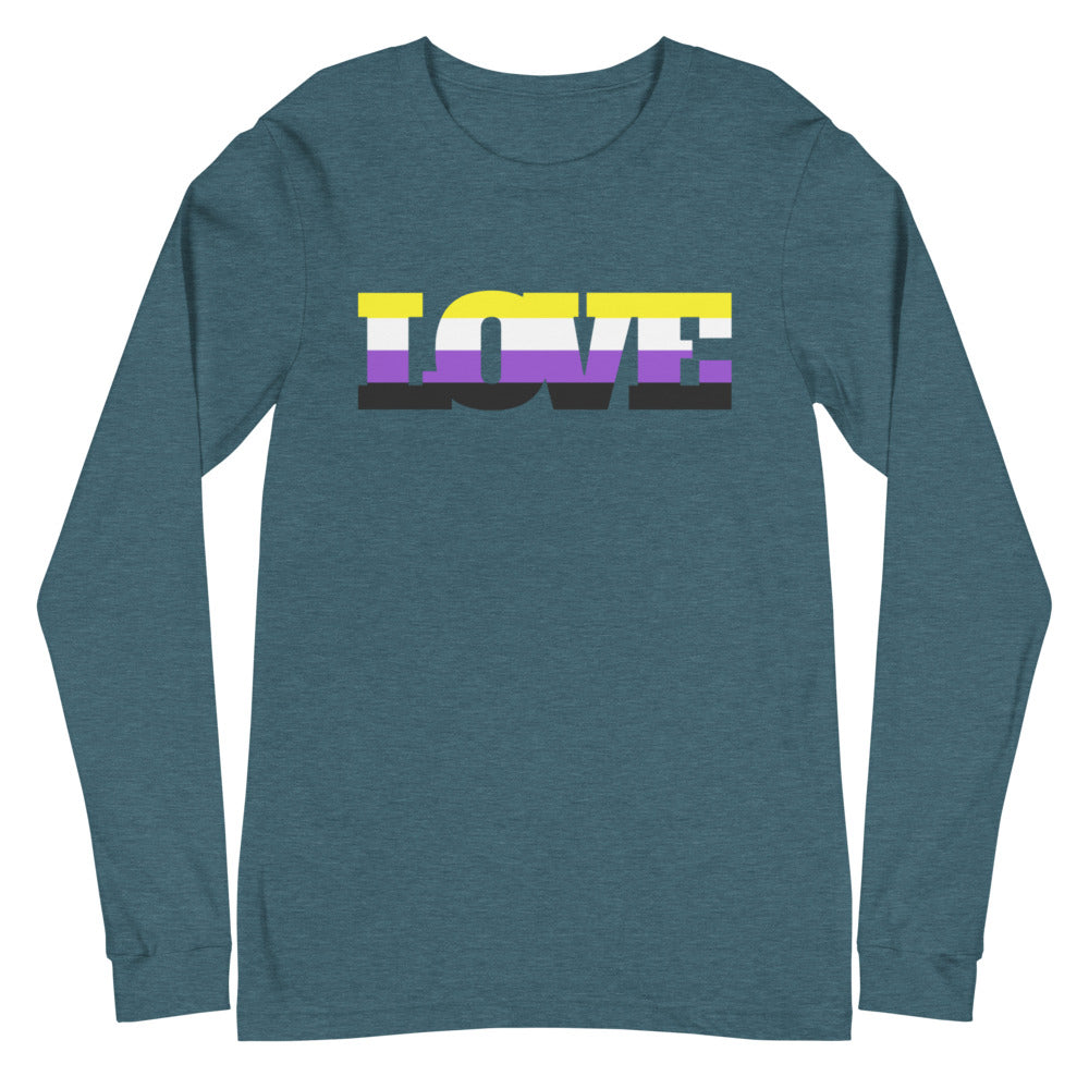Front view of a deep teal long-sleeve shirt with “LOVE” in yellow, purple, and black