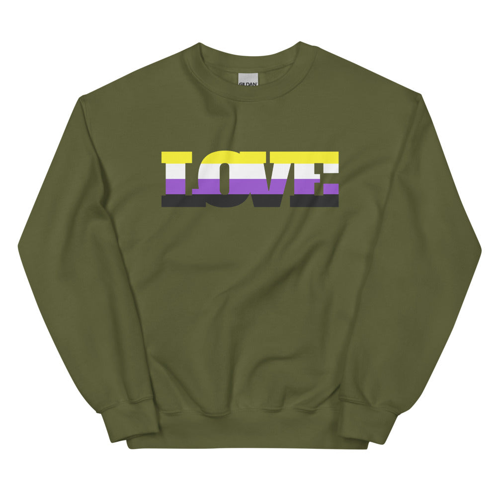 Front view of an olive green sweatshirt with “LOVE” in nonbinary flag colors