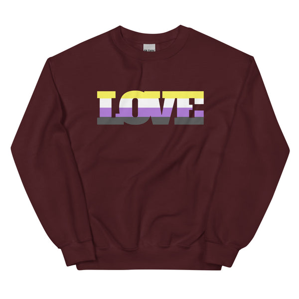 Front-facing maroon sweatshirt with the word “LOVE” in non-binary flag colors