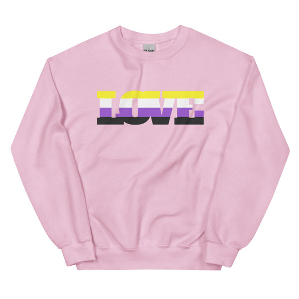 Front view of a pink sweatshirt with bold striped nonbinary-themed lettering