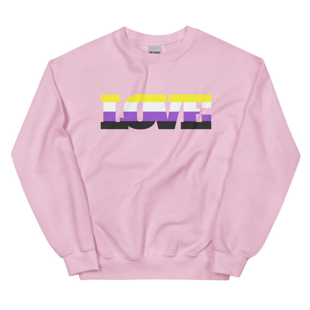 Front view of a pink sweatshirt with bold striped nonbinary-themed lettering