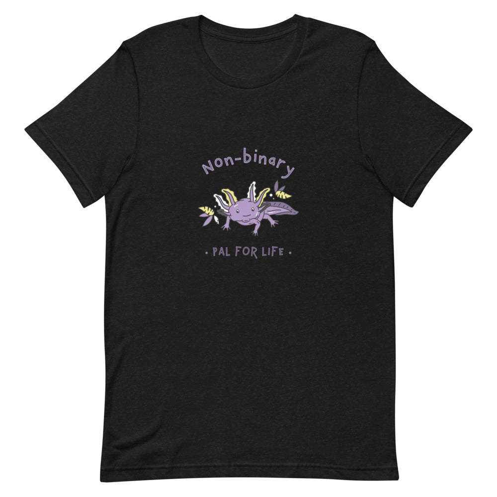 clothing for non binary: Non-Binary Pal For Life T-Shirt with a purple cartoon creature