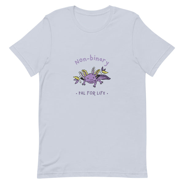 gift for non binary person: Non-Binary Pal For Life T-shirt, pale purple with cute axolotl and Non-binary Pal for Life