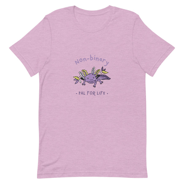 Front view of a lilac T-shirt reading “Non-binary” and “PAL FOR LIFE” around a purple axolotl