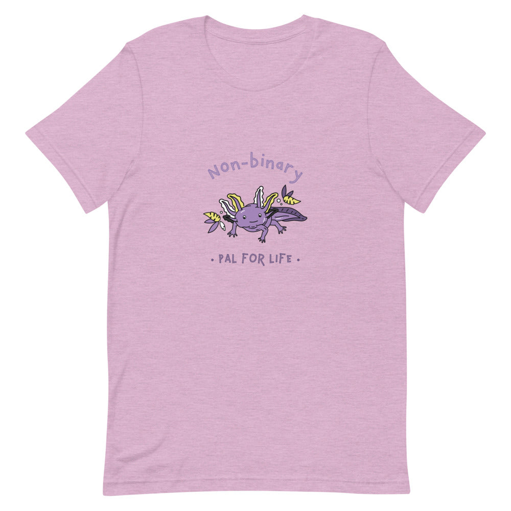 Front view of a lilac T-shirt reading “Non-binary” and “PAL FOR LIFE” around a purple axolotl