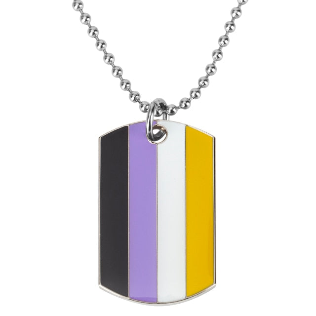 Silver ball-chain necklace with a nonbinary pride flag dog tag pendant