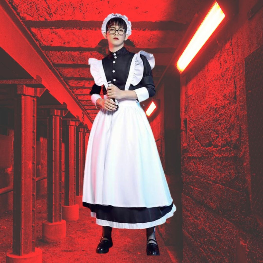 Model wearing a black-and-white French maid costume with puff sleeves and a full apron