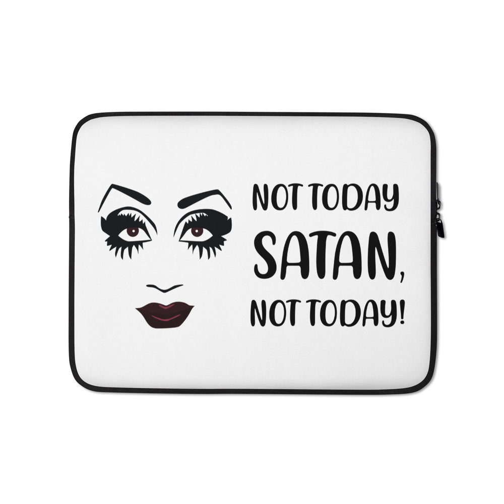 Front view of a white laptop sleeve with a stylized face and “NOT TODAY SATAN, NOT TODAY!” text