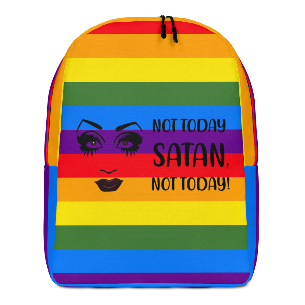 Front-facing rainbow-striped backpack with stylized eyes and the text “NOT TODAY SATAN, NOT TODAY!”