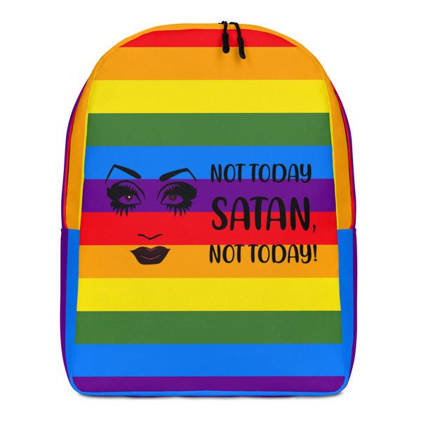 Front-facing rainbow-striped backpack with stylized eyes and the text “NOT TODAY SATAN, NOT TODAY!”