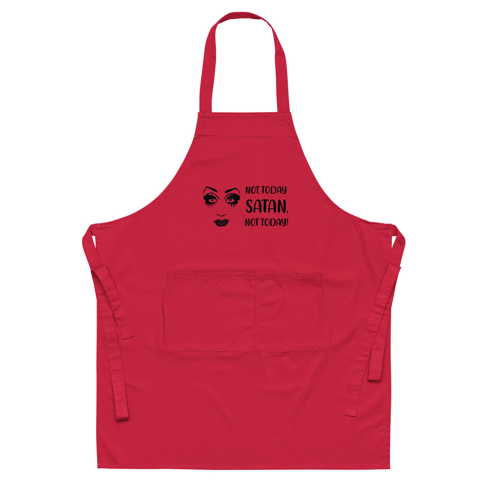 Front view of a red apron with a black face graphic and “NOT TODAY SATAN, NOT TODAY!” text