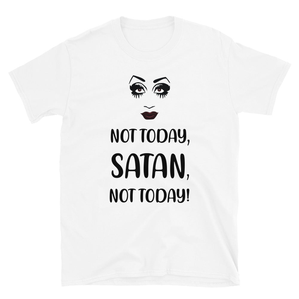 White T-shirt with a stylized face and “NOT TODAY, SATAN, NOT TODAY!” slogan