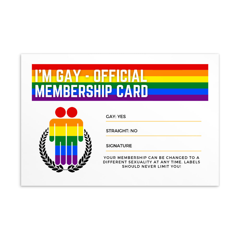 Gay membership card postcard with rainbow stripes and “I’M GAY – OFFICIAL MEMBERSHIP CARD” text
