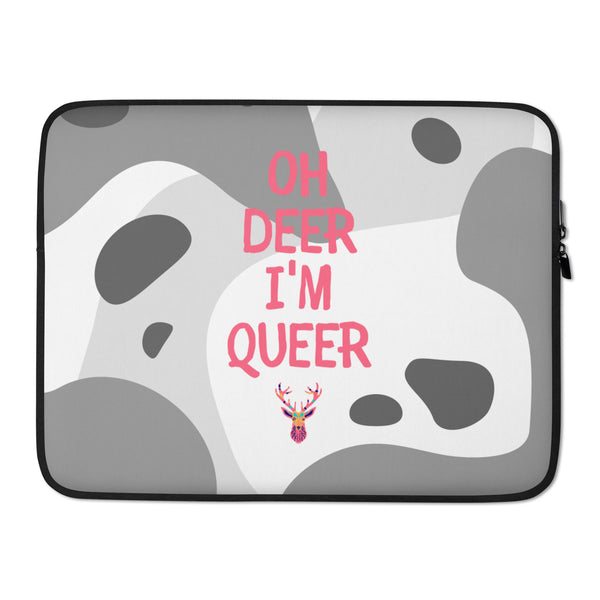 Front view of a gray laptop sleeve reading “OH DEER I'M QUEER,” with a colorful deer head
