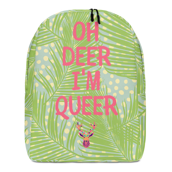 Front view of a green palm-leaf backpack reading “OH DEER I'M QUEER,” with a deer graphic
