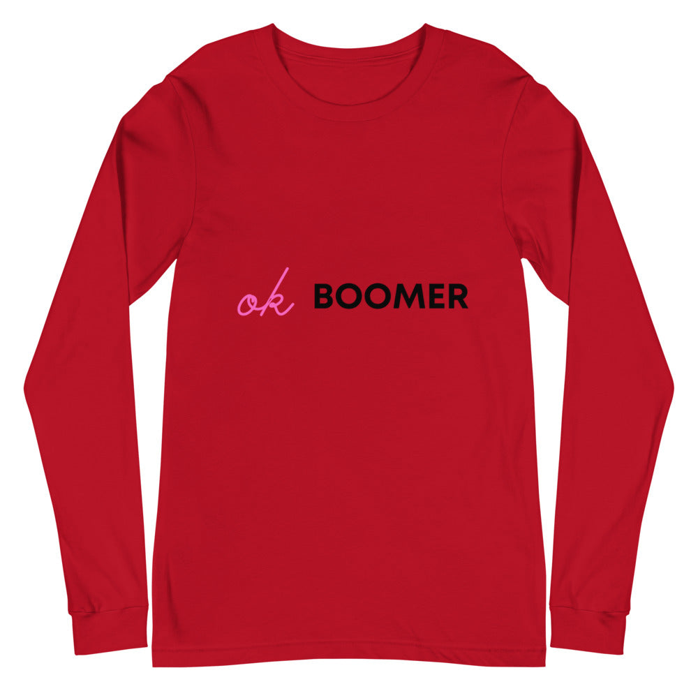 Front-facing red long-sleeve shirt with pink and black “ok BOOMER” lettering