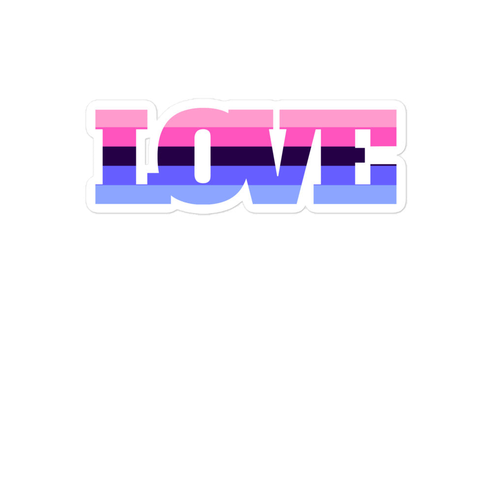 Omnisexual pride sticker spelling “LOVE” in pink, purple, and blue stripes
