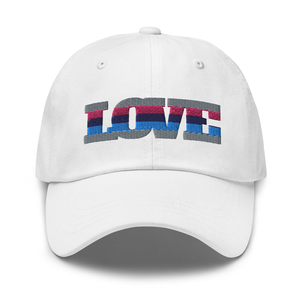 Front view of a white baseball cap with embroidered LOVE lettering in omnisexual flag colors