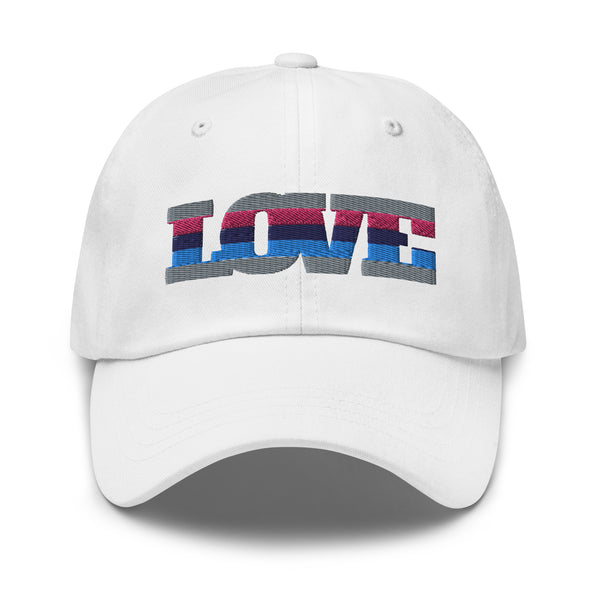 Front view of a white baseball cap with embroidered LOVE lettering in omnisexual flag colors