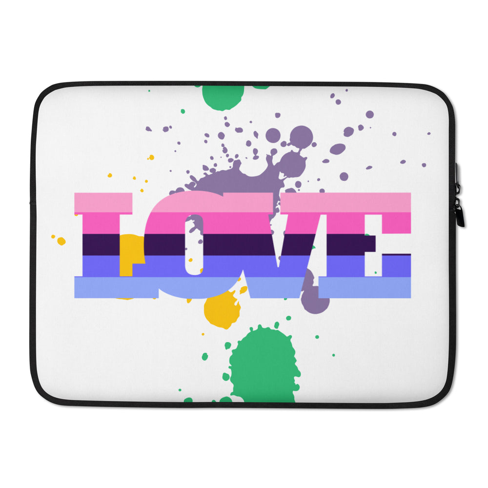 Front view of a white laptop sleeve with colorful paint splatters and large LOVE lettering