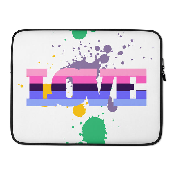 Front view of a white laptop sleeve with colorful paint splatters and large LOVE lettering