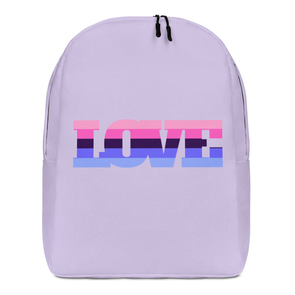 Front-facing lavender backpack with a pink, purple, and blue striped graphic reading “LOVE”