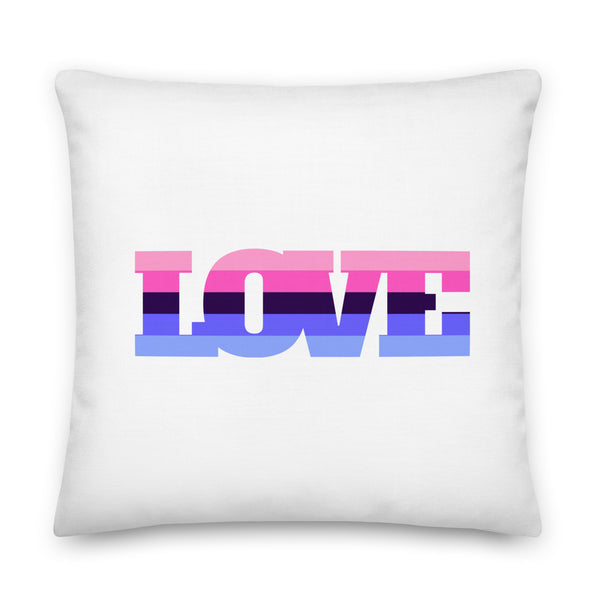 White square pillow with large pink, purple, and blue striped LOVE lettering